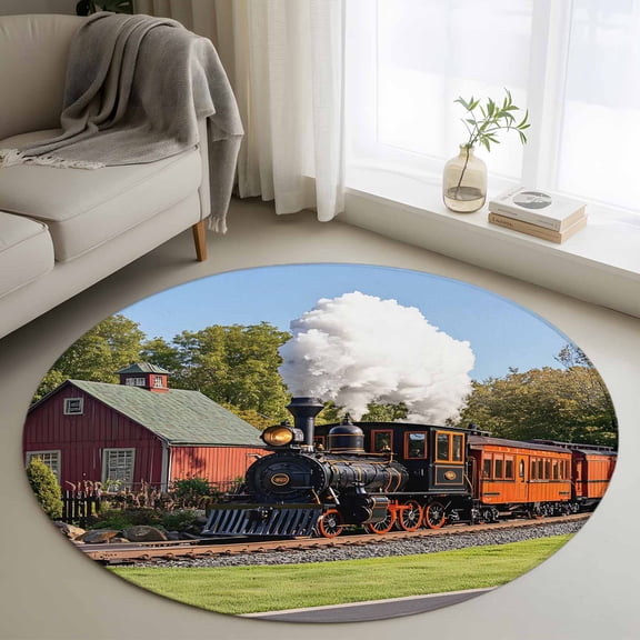 Retro Round Rugs for Living Room 3ft Train Motor Vehicle Building Sky Grass Country Scenery Non Slip Circle Rug Washable Low-Profile Indoor Carpet for Bedroom, Dining Room, Bathroom