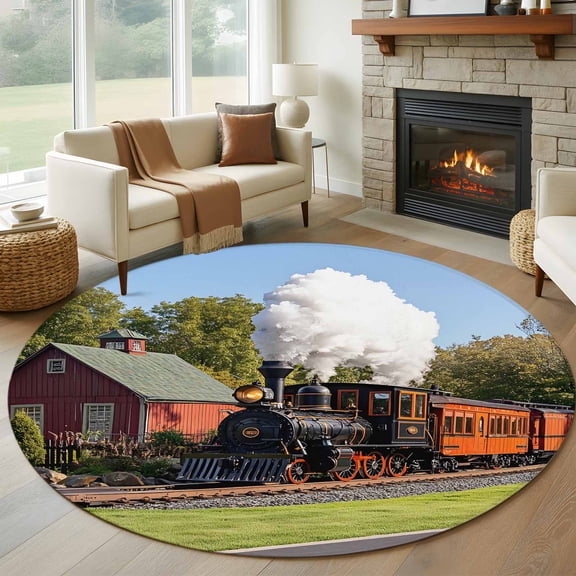 Retro Round Rugs for Living Room 5ft Train Motor Vehicle Building Sky Grass Country Scenery Non Slip Circle Rug Washable Low-Profile Indoor Carpet for Bedroom, Dining Room, Bathroom