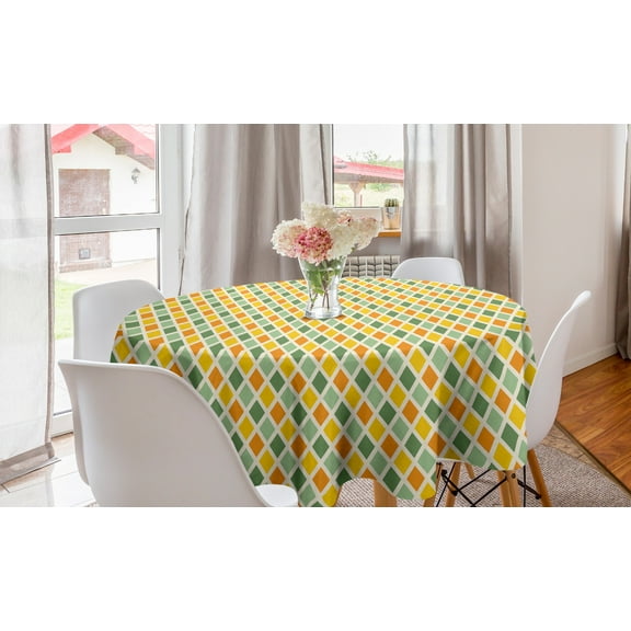 Retro Round Tablecloth, Classical Checkered Pattern in Yellow and Green Colors Striped Crossed, Circle Table Cloth Cover for Dining Room Kitchen Decor, 60", Marigold Green Cream, by Ambesonne