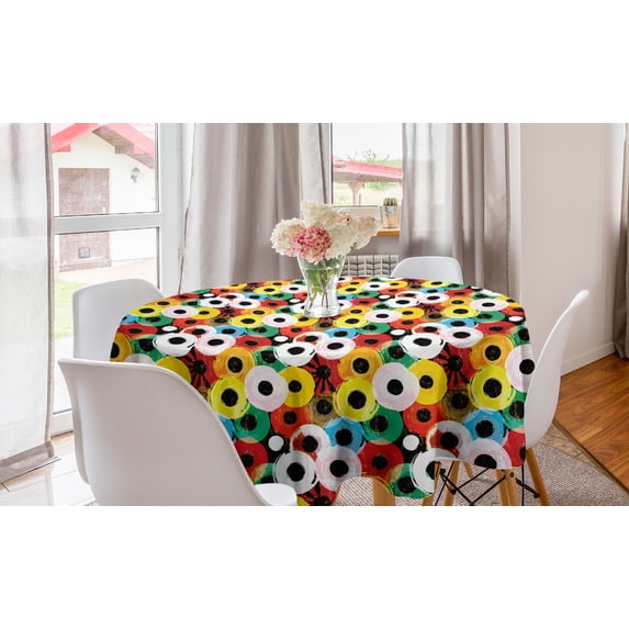 Retro Round Tablecloth, Records Vinyl Style Disc Shaped Vivid Rings with Strokes and Splashes Grunge Graphic, Circle Table Cloth Cover for Dining Room Kitchen Decor, 60", Multicolor, by Ambesonne