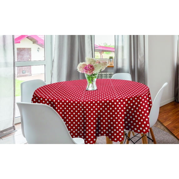 Retro Round Tablecloth, Vintage Polka Dots Big Plain Circular Round Forms Nostalgic Girlish Art Design, Circle Table Cloth Cover for Dining Room Kitchen Decor, 60", Red, by Ambesonne