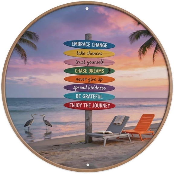 Retro Round Tin Metal Sign, Vintage Beach Palm Trees Inspirational Quote Wall Poster, 8 x 8 Inch