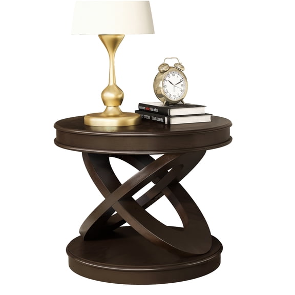 Retro Round Wooden End Table with X-Base, Espresso Sofa Side Table for Living Room, Bedroom or Office