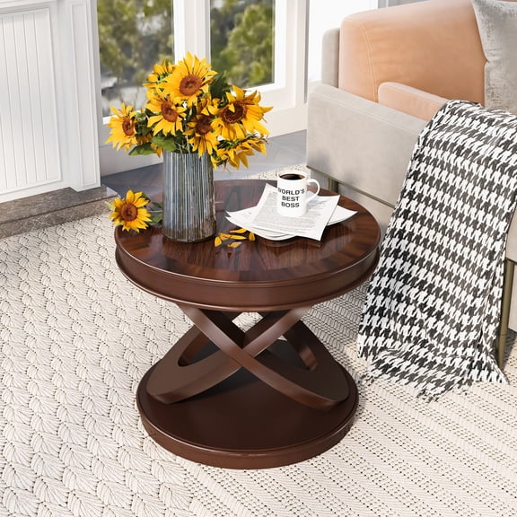 Retro Round Wooden End Table with X-Shape Base, Walnut Finish for Living Room
