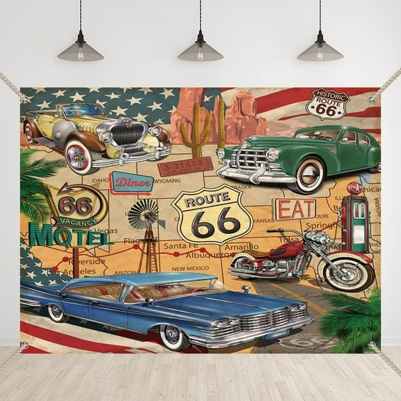 Retro Route 66 Backdrop Vintage Dinner America’s Highway Photography Background Racing Car Motorcycle 50th Birthday Party Decors Any Age Over The Hill Banner with Copper Grommets