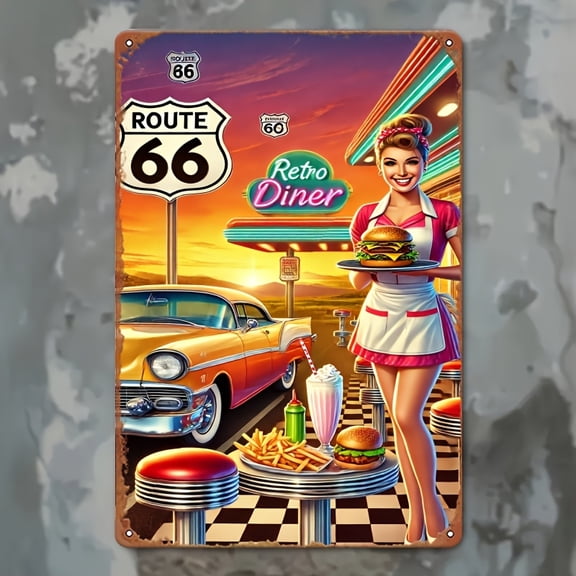 Retro Route 66 Diner Metal Wall Art  Vintage American Restaurant Decor with Waitress  Classic Car, 8x12 Inch Tin Sign for Home, Bar, or Garden, Easy to Hang, Perfect Gift for Retro Enthusiasts