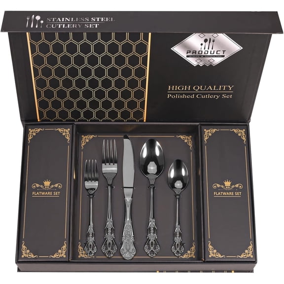 Retro Royal Black Silverware Set With Box, 20-Pieces Cutlery Set Utensils Stainless Steel Flatware For 4 Kitchen Tableware Set For Gifts , Dishwasher Safe, Mirror Polishing