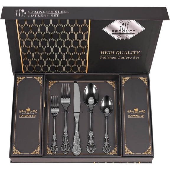 Retro Royal Black Silverware Set With Gift Box For 8 Cutlery Set Utensils Stainless Steel Flatware 40 Pieces Kitchen Tableware Set For Gifts Festive, Dishwasher Safe, Mirror Polishing