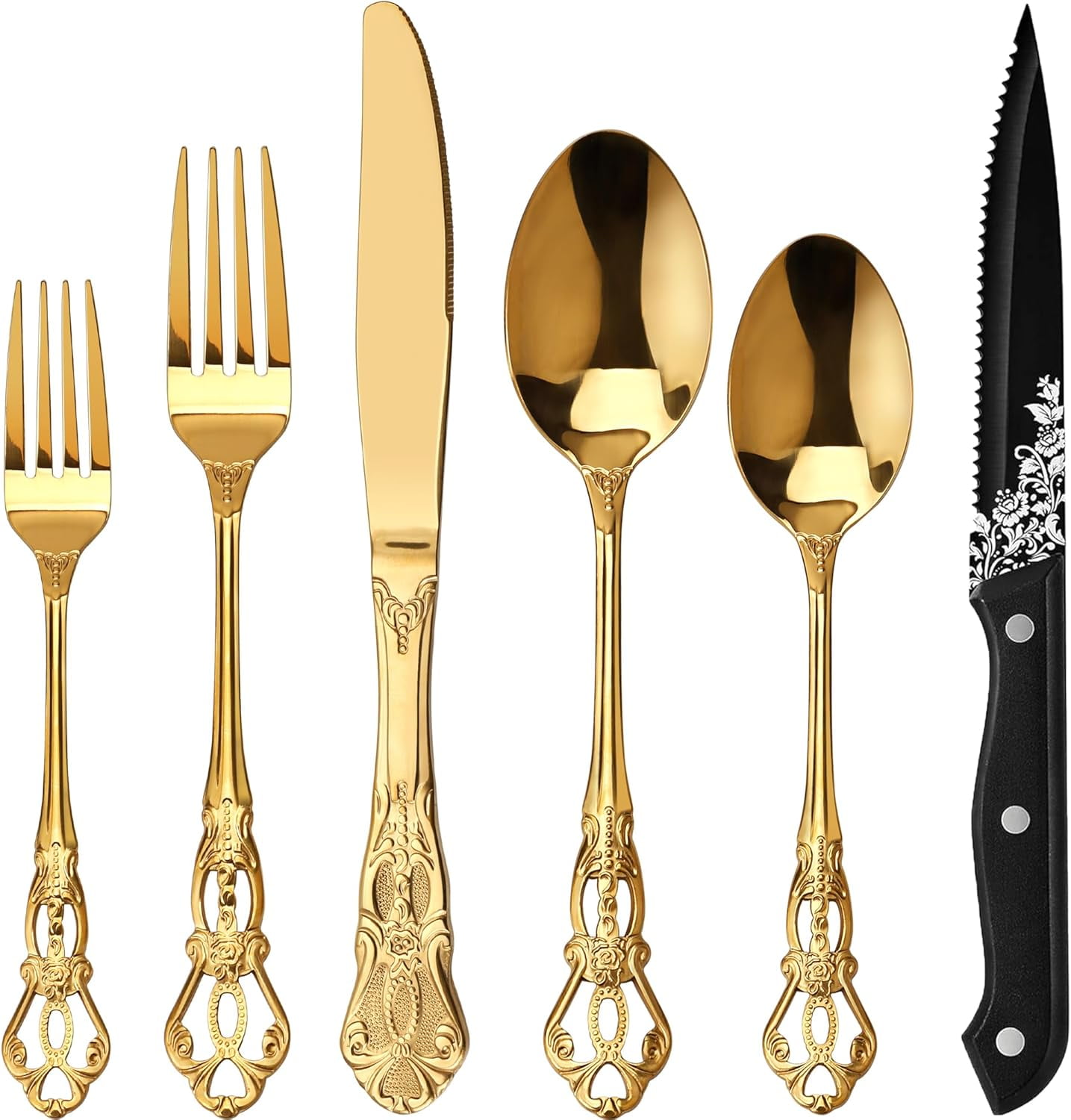 Retro Royal Gold 48 Pieces Flatware Set, Gorgeous Golden Silverware Set ...