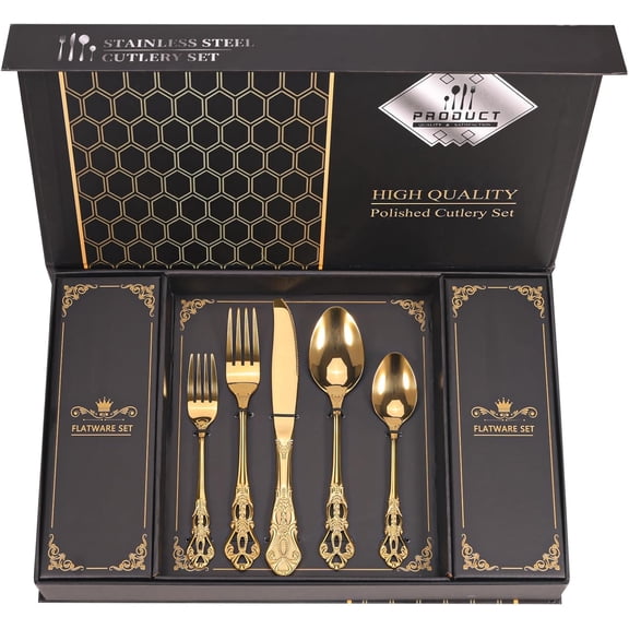 Retro Royal Gold Silverware Set With Gift Box, 60-Pieces Cutlery Set Utensils Stainless Steel Flatware For 12 Kitchen Tableware Set For Gifts Festive, Dishwasher Safe, Mirror Polishing