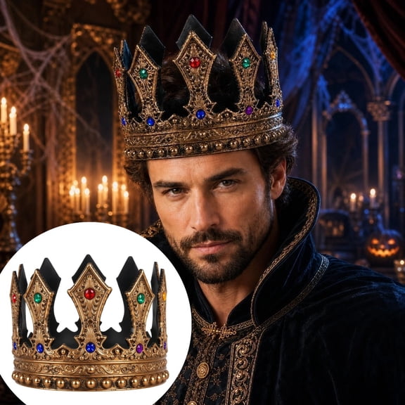 Retro Royal King Crown - Antique Gold Medieval Crown with Colorful Jewels, Halloween Cosplay, Renaissance Costume Accessory for Themed Parties