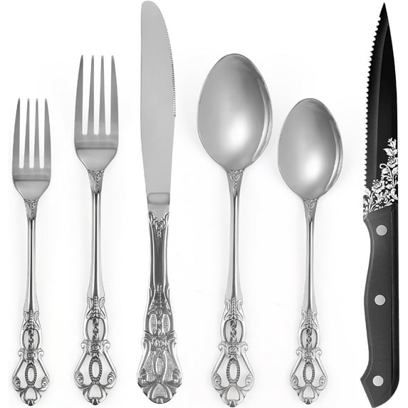 Retro Royal Silver 48 Pieces Flatware Set, Gorgeous Black Silverware Set For 8, Anti-rust Stainless Steel dark Cutlery Set Utensils Including Fork Spoon and Knife