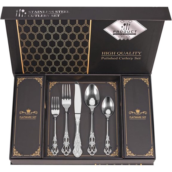 Retro Royal Silverware Set With  Box, 20-Pieces Cutlery Set Utensils Stainless Steel Flatware For 4  Kitchen Tableware Set For Gifts , Dishwasher Safe, Mirror Polishing