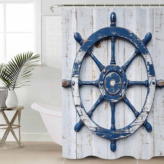 Retro Rudder Coastal Long Shower Curtain Set, Waterproof Shower Curtains for Bathroom, Summer Beach Ocean Nautical Washable Fabric Cloth Bath Curtain for Bathtub Decoration with Hooks 72x84 Inches