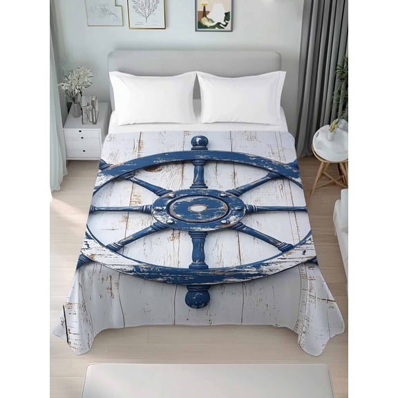 Retro Rudder Coastal Queen Size Flat Sheet, Wrinkleproof & Fadeproof Cooling Flat Bed Sheet Only, Summer Beach Ocean Nautical Breathable Soft Bedding Top Sheets 90 x 102 Inches