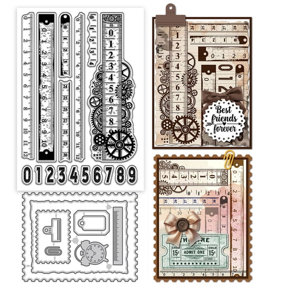 Retro Ruler Clear Stamps and Metal Die Cuts Number Transparent Stamp Lable Frame Cutting Dies for Card Making Embossing Scrapbooking