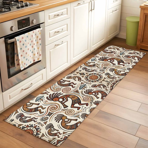 Retro Runner Rugs 2x6 ft Abstract Tribes Man Playing Music Cartoon Vintage Washable Hallway Rugs Non-Slip Floor Mats Absorbent Carpet Bedside Runners for Bedroom Kitchen Bathroom Laundry Room