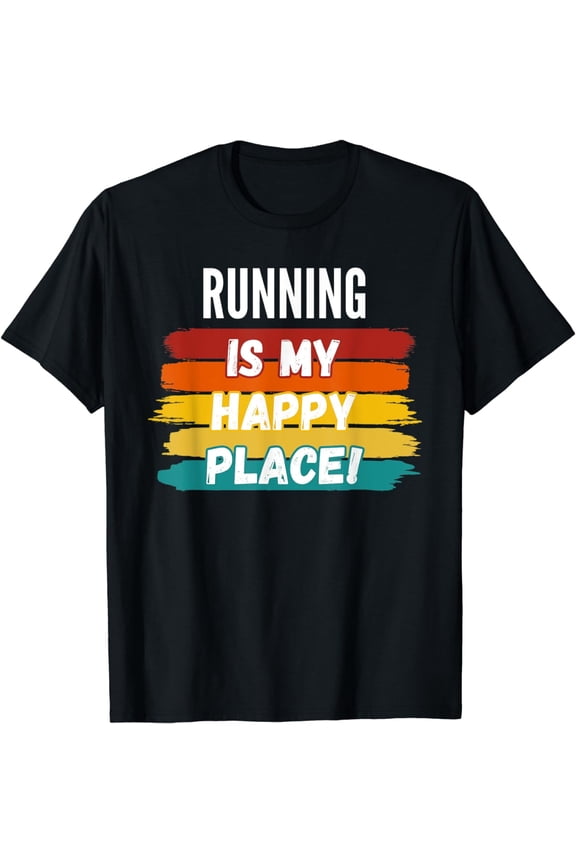 Retro Running Is My Happy Place Graphic T-Shirt Vintage Sunset Style Jogging Fitness Workout Tee for Men and Women