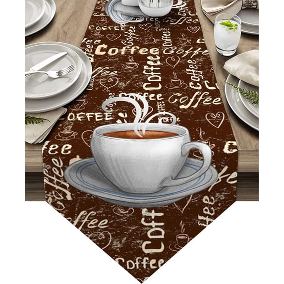 Retro Rural Coffee Cup Theme Triangle Table Runners Long Vintage Shabby Coffee Brown Dresser Scarves Table Decoration for Wedding Party/Graduation Ceremony/Banquet