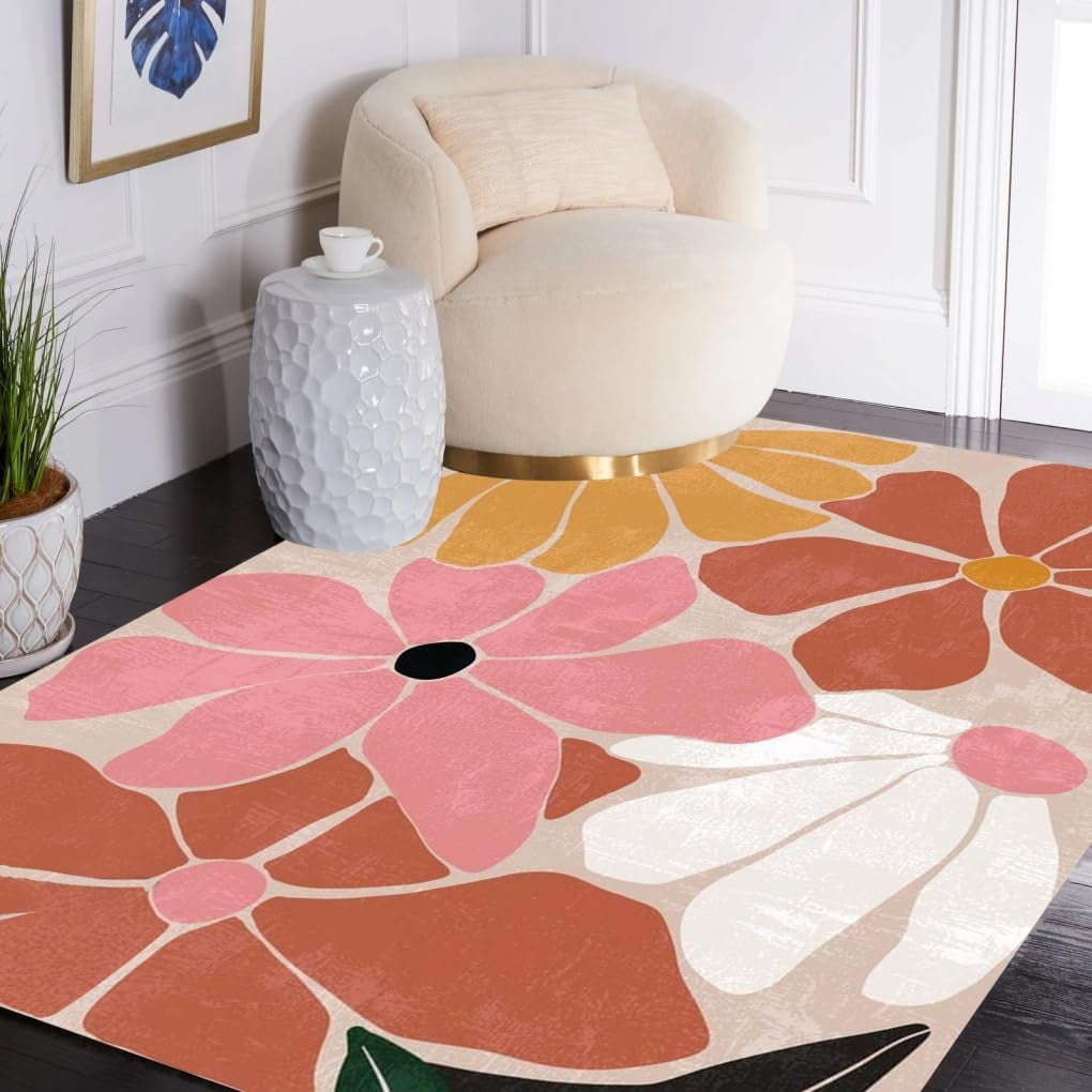 Retro Rust Red Pink Gold Floral Pattern Area Rug For Livingroom Bedroom ...