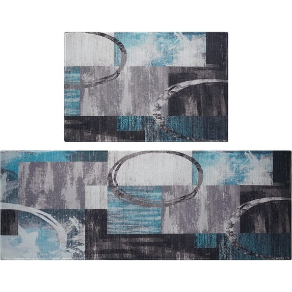 Retro Rustic Art Abstract Modern Kitchen Rugs Set 2 Piece Teal Turquoise and Grey Decorative Rug Runner for Kitchen Low-Profile Floor Mats Decorations for Home Kitchen (17"x48"+17"x24")