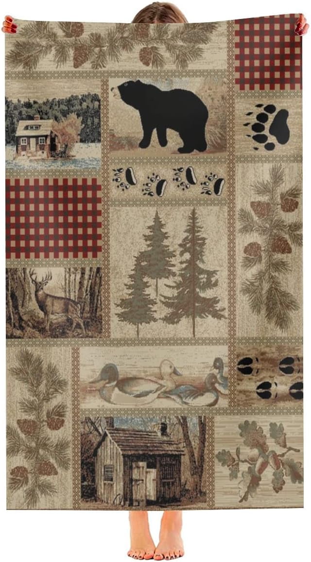 Retro Rustic Beach Towel, Moose Deer Bear Leaf Tree Country Style Farmhouse Microfiber Ultra Soft Quick Dry Highly Absorbent Bath Towels for Beach Party Outdoor Travel Swim Pool Yoga 33x52 Inch