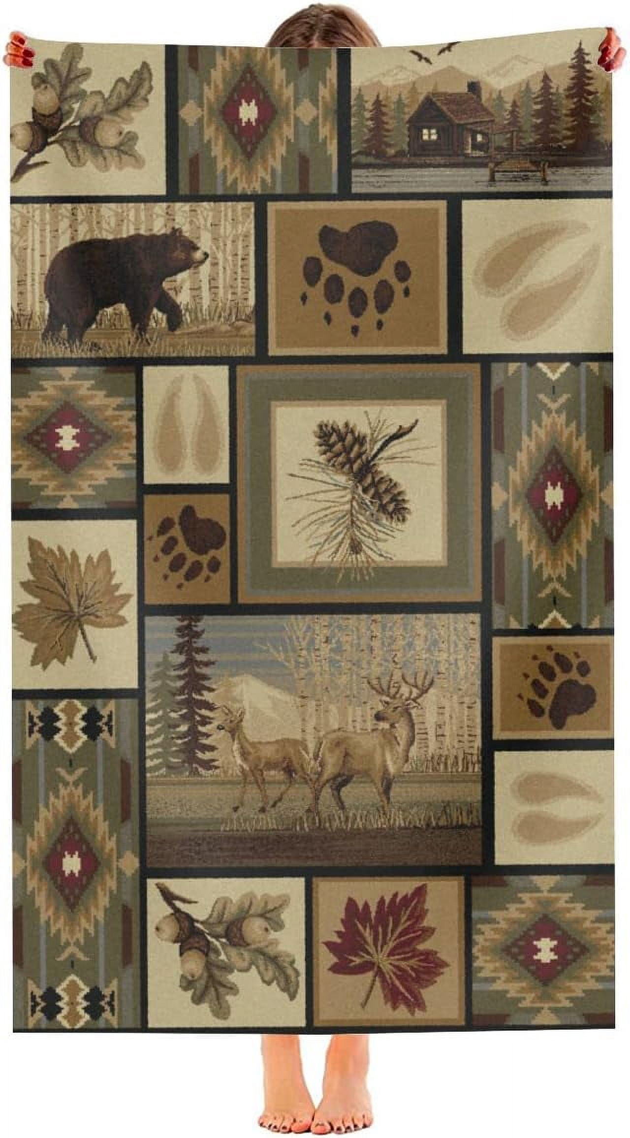 Retro Rustic Beach Towel, Moose Deer Bear Leaf Tree Country Style Farmhouse Microfiber Ultra Soft Quick Dry Highly Absorbent Bath Towels for Beach Party Outdoor Travel Swim Pool Yoga 33x52 Inch