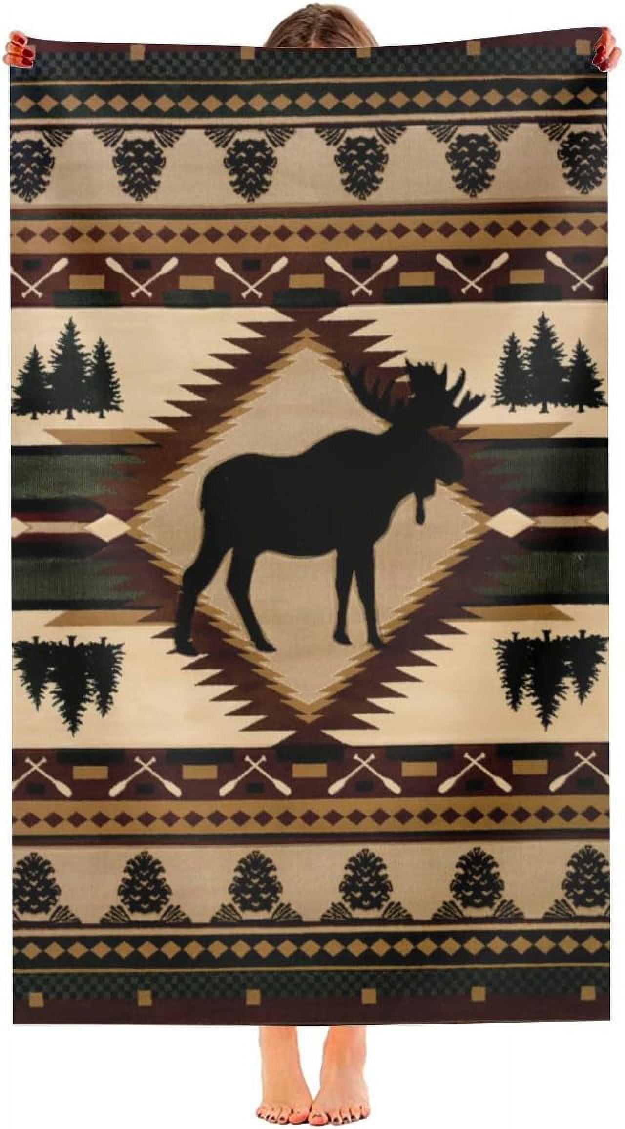 Retro Rustic Beach Towel, Moose Deer Bear Leaf Tree Country Style Farmhouse Microfiber Ultra Soft Quick Dry Highly Absorbent Bath Towels for Beach Party Outdoor Travel Swim Pool Yoga 33x52 Inch