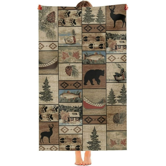 Retro Rustic Beach Towel, Moose Deer Bear Leaf Tree Country Style Farmhouse Microfiber Ultra Soft Quick Dry Highly Absorbent Bath Towels for Beach Party Outdoor Travel Swim Pool Yoga 33x52 Inch