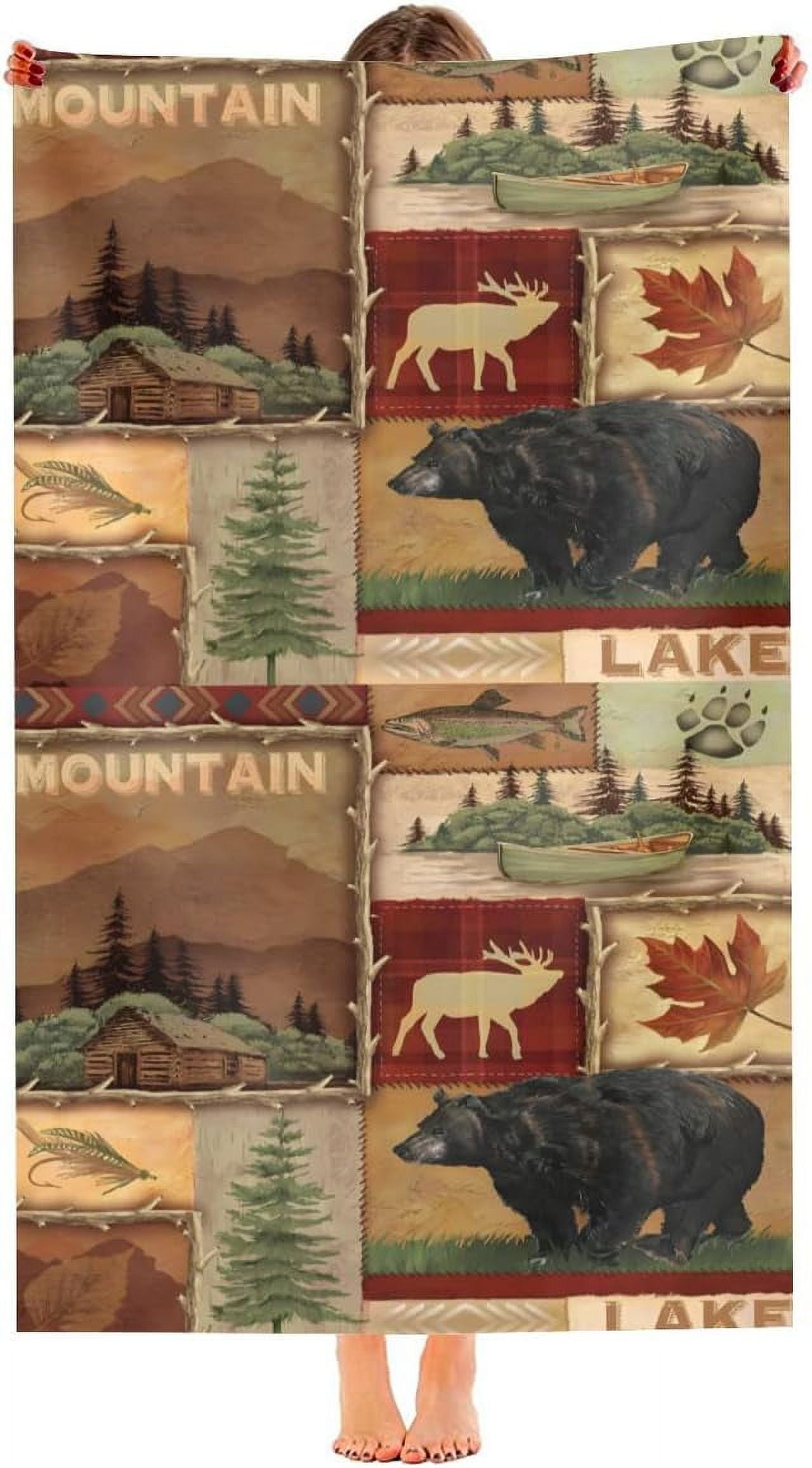 Retro Rustic Beach Towel, Moose Deer Bear Leaf Tree Country Style Farmhouse Microfiber Ultra Soft Quick Dry Highly Absorbent Bath Towels for Beach Party Outdoor Travel Swim Pool Yoga 33x52 Inch