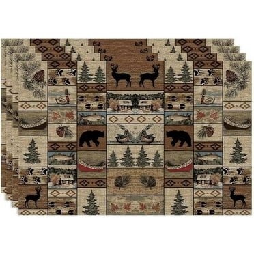 Retro Rustic Bears Deers Lodge Placemats Set of 4, Vintage Cabin Country Farmhouse Style Place Mats, Heat Resistant Non Slip Cotton Linen Dining Table Mats for Home Kitchen Party 18x12 Inch