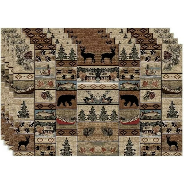 Retro Rustic Bears Deers Lodge Placemats Set of 4, Vintage Cabin Country Farmhouse Style Place Mats, Heat Resistant Non Slip Cotton Linen Dining Table Mats for Home Kitchen Party 18x12 Inch