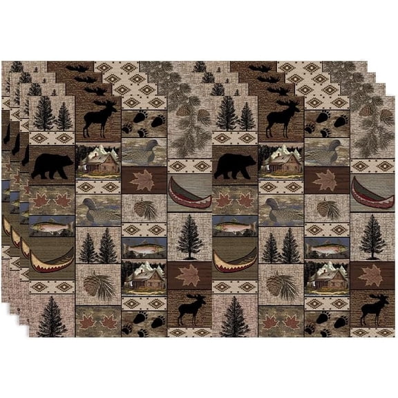Retro Rustic Bears Deers Lodge Placemats Set of 4, Vintage Cabin Country Farmhouse Style Place Mats, Heat Resistant Non Slip Cotton Linen Dining Table Mats for Home Kitchen Party 18x12 Inch