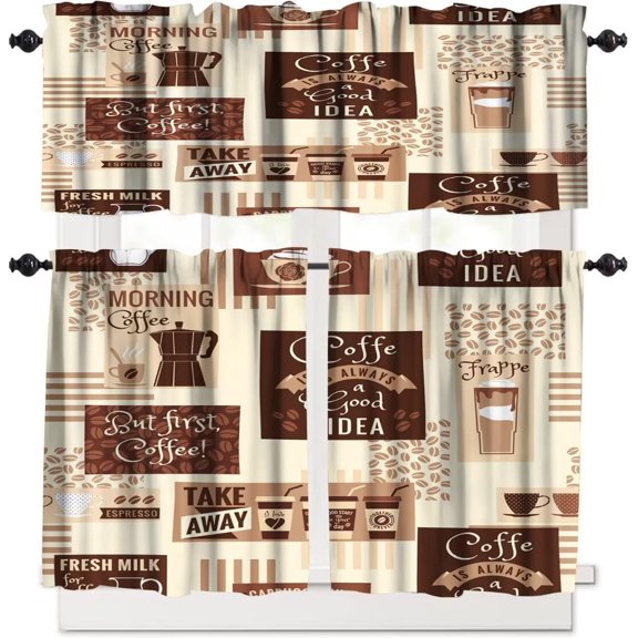Retro Rustic Coffee Kitchen Valance 3 Piece Kitchen Curtains Brown Beans Modern Latte Cappuccino Chic Theme Pattern Print Curtain Set 54x24 Inch, 3 Piece