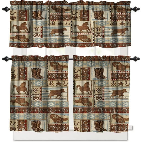 Retro Rustic Curtains Valances Sets for Kitchen, Wild Horse Cabin Blackout Window Treatments for Living Room Bedroom,Western Cowboy Lodge Farmhouse Kitchen Curtain Sets 54x24 Inch, 3 Piece