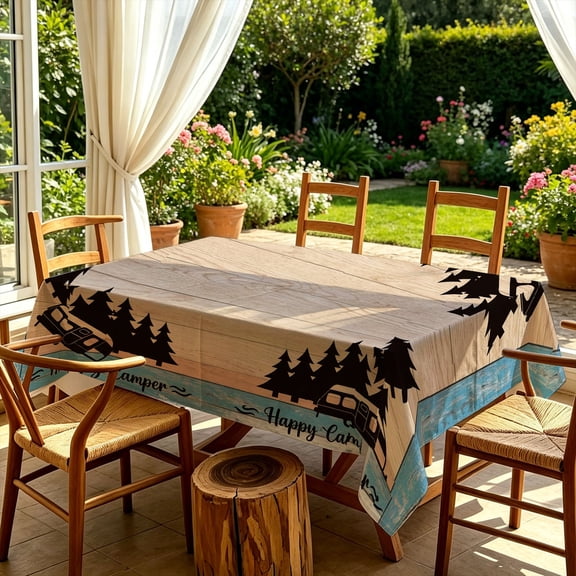 Retro Rustic Happy Camper Forest RV 2D Print Rectangular Tablecloth, Decorative Cover for Kitchen Dining Backyard Patio Outdoor Camping Gatherings, Ideal Christmas Gift