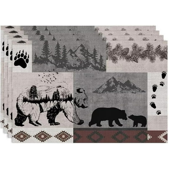 Retro Rustic Lodge Bears Placemats Set of 4, Vintage Cabin Pine Tree Farmhouse Country Style Place Mats, Heat Resistant Non Slip Cotton Linen Dining Table Mats for Home Kitchen 18x12 Inch