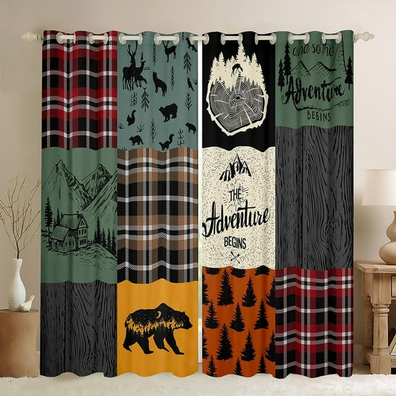 Retro Rustic Lodge 30%-50% Blackout Curtains , Cabin Farmhouse Curtains 52"Wx84"L, Hunting Bear Deer Curtains & Drapes Forest Adventure Country Patchwork Window Curtains Camper Room Decor