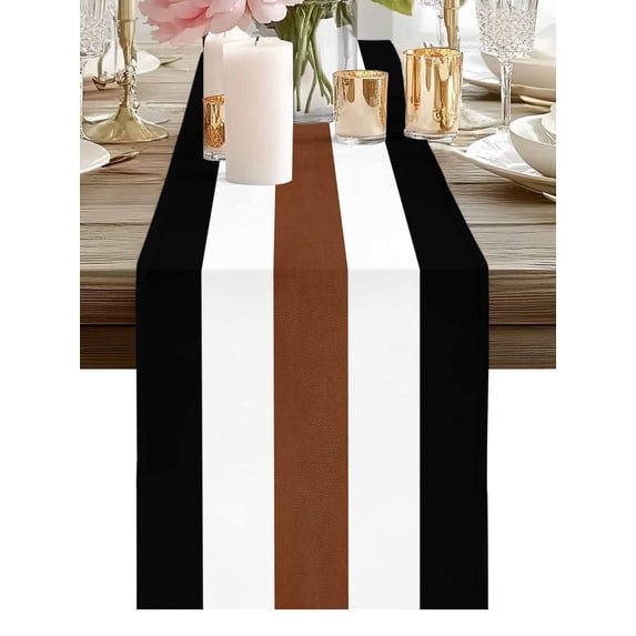 Retro Rustic Minimalist Stripe Art Table Runner-36 Inch Long Brown Black White Color Block Table Runners Linen Burlap Tablerunner for Kitchen Dining Room Holiday Party