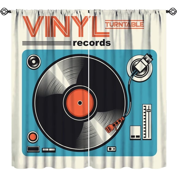 Retro Rustic Music Curtains Abstract Vinyl Turntable Records Art Printed Rod Pocket Blackout Window Drapes for Living Room Bedroom Kitchen Cafe Decor W52xL63in 2 Panels
