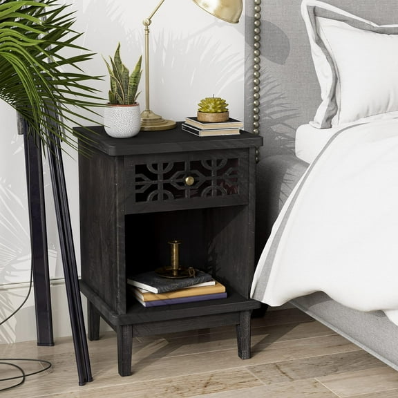 Retro Rustic Nightstand Solid Fir End Table Side Table with Hand Carved Front and Open Shelf for Boho, French Country, Farmhouse Style, Distressed Black