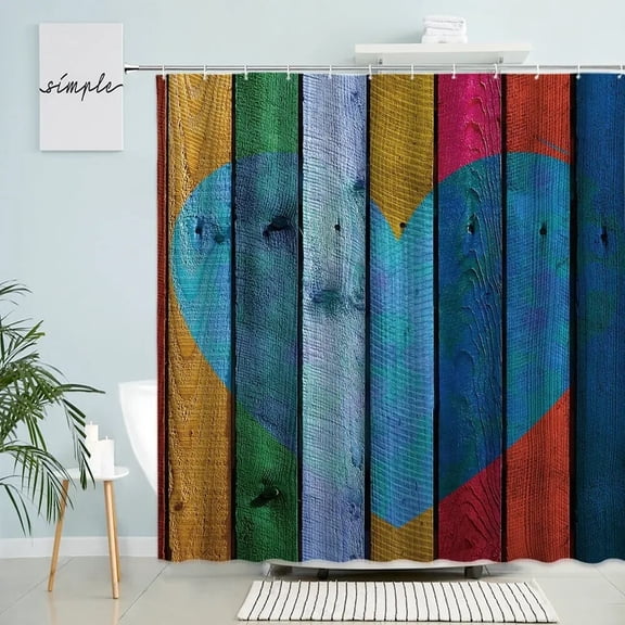 Retro Rustic Old Wood Shower Curtain Colorful Love Graffiti Art Valentine Day Bathroom Wall Decor With Hook Waterproof Screen