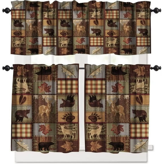Retro Rustic Style Curtain Set, Moose Deer Bear Leaf Tree Country Style Farmhouse Window Valances and Tier Set for Kitchen Living Room Café Décor