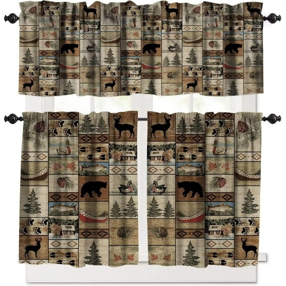 Retro Rustic Style Curtain Set, Vintage Moose Deer Bear Leaf Tree Country Style Farmhouse Cottage Cabin Window Valances and Tier Set for Kitchen Living Room Café Décor