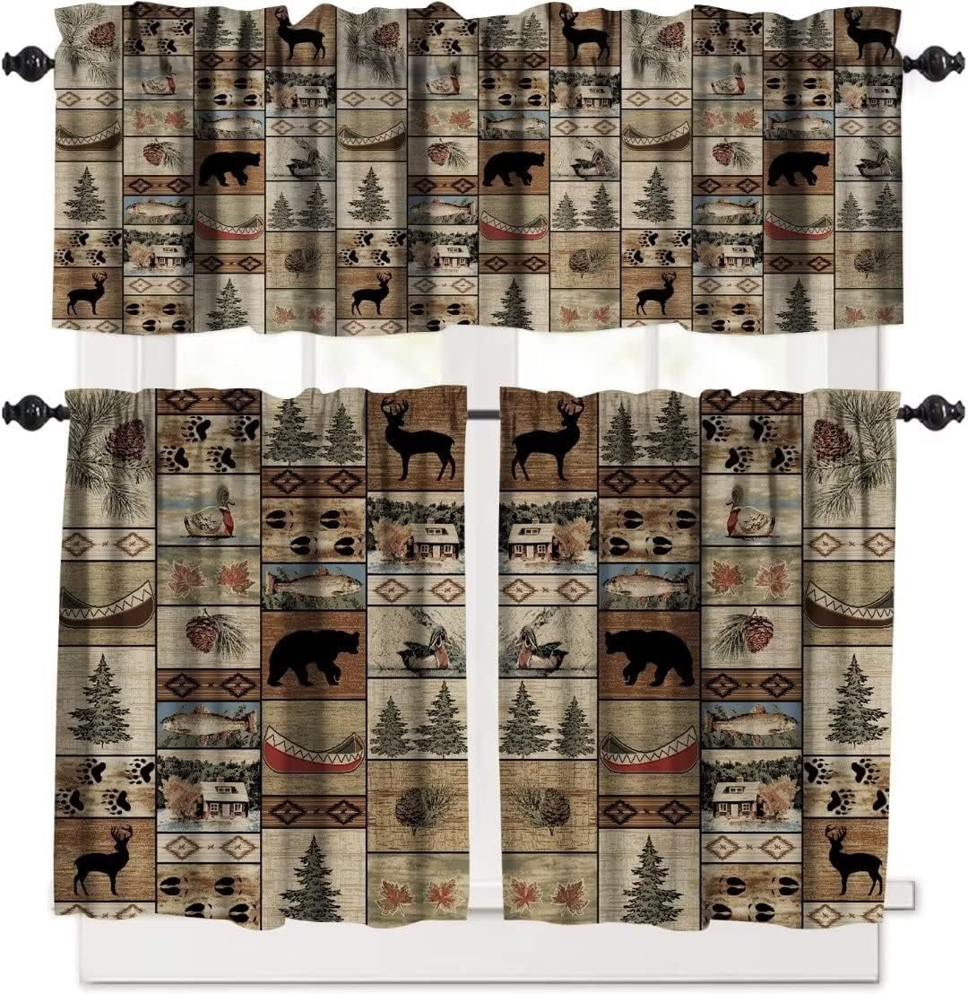 Retro Rustic Style Curtain Set, Vintage Moose Deer Bear Leaf Tree ...