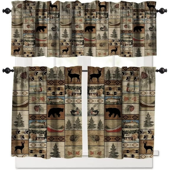 Retro Rustic Style Curtain Set, Vintage Moose Deer Bear Leaf Tree Country Style Farmhouse Cottage Cabin Window Valances and Tier Set for Kitchen Living Room Café Décor