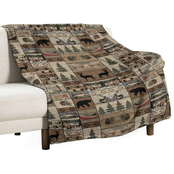 Retro Rustic Style Flannel Blankets, Vintage Moose Deer Bear Leaf Tree Country Style Farmhouse Cottage Cabin Throw Bed Blanket for Sofa Chair Bed 50"x60"