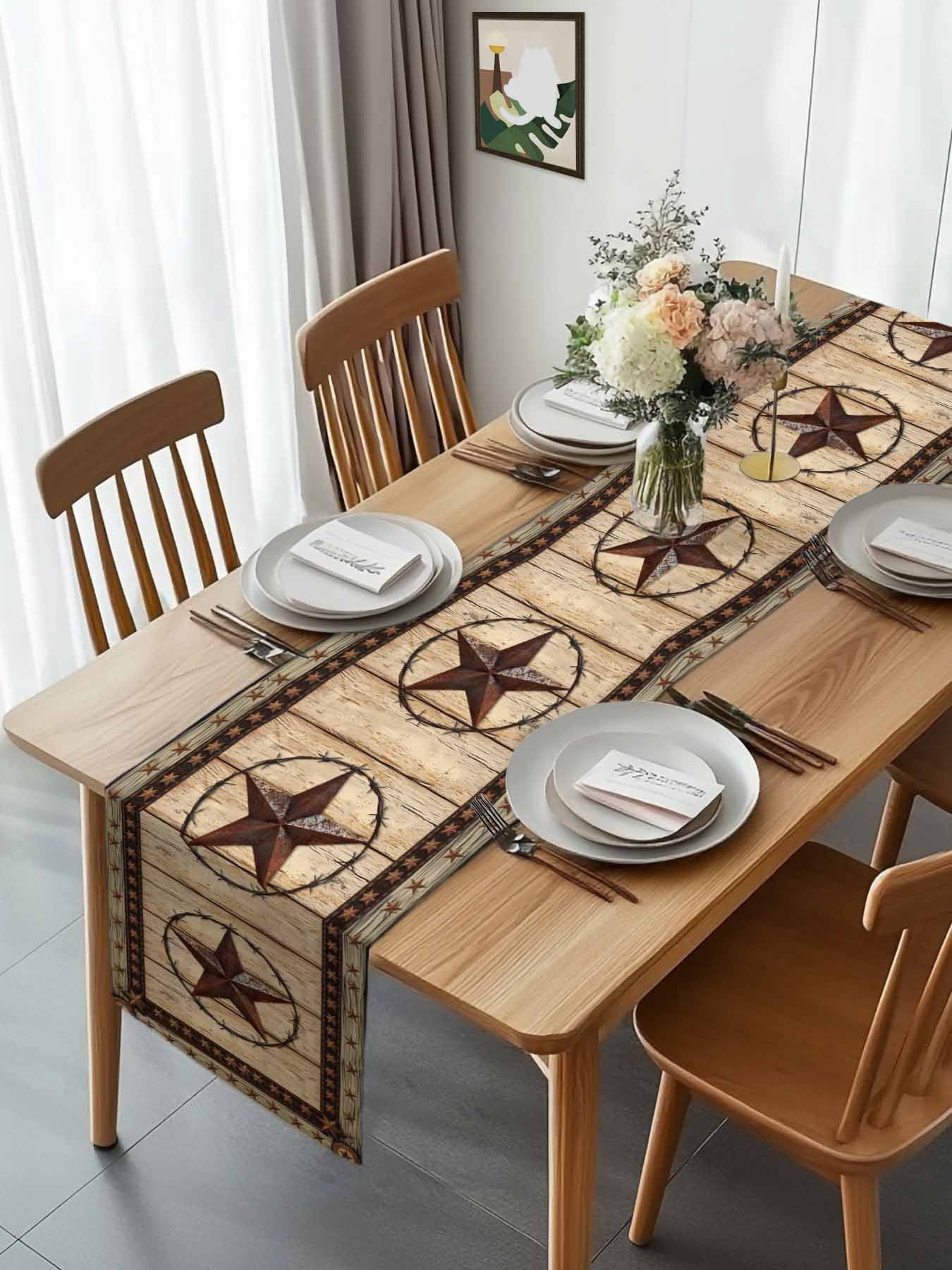 Retro Rustic Texas Country Star Table Runner 90 Inches Long, Farmhouse Vintage Wood Barn Table Runners Tabletop Scarf Kitchen Dining Tables Decoration for Home Party Indoor Outdoor