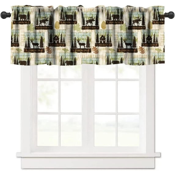 Retro Rustic Valance, Lodge Bear Moose Deer Pine Tree Vintage Farmhouse Style Window Curtain Valance for Bedroom Kitchen Living Room, One Panel 54x18in