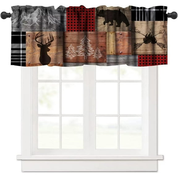 Retro Rustic Valance,Vintage Bear Deer Hunting Wildlife Blackout Curtain Valance,Black Red Plaid Check Western Country Short Window Treatments for Bedroom Living Room Kitchen,54x18in